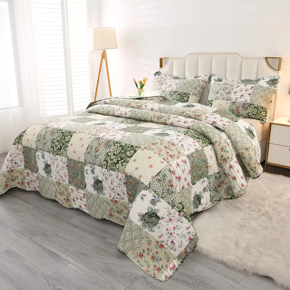 Qucover Copriletto Trapuntato Matrimoniale Patchwork, Copriletti Ultrasuoni in Poliestere Leggere, Trapunta Sottile Estivo Primaverile 230x260 cm con 2 Federe, Verde