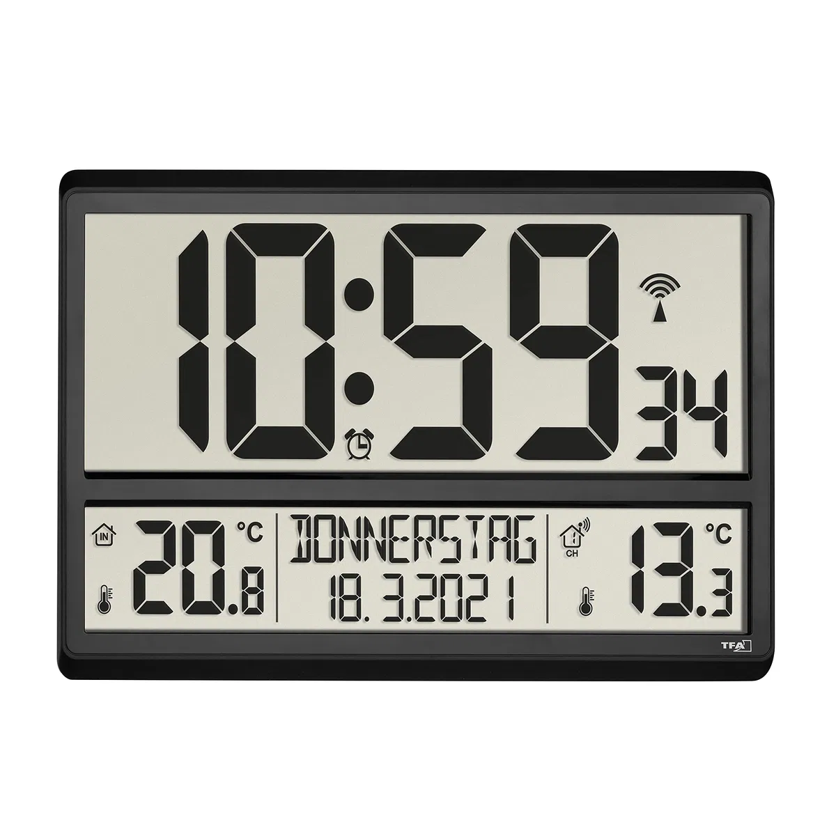 TFA Dostmann Orologio Radiocontrollato da Parete, Digitale XL, 60.4521.01, Temperatura Esterna e Interna, con sensore esterno, Giorni Settimana, 8 Lingue, Grande, Nero 360 x 235 x 28, 84