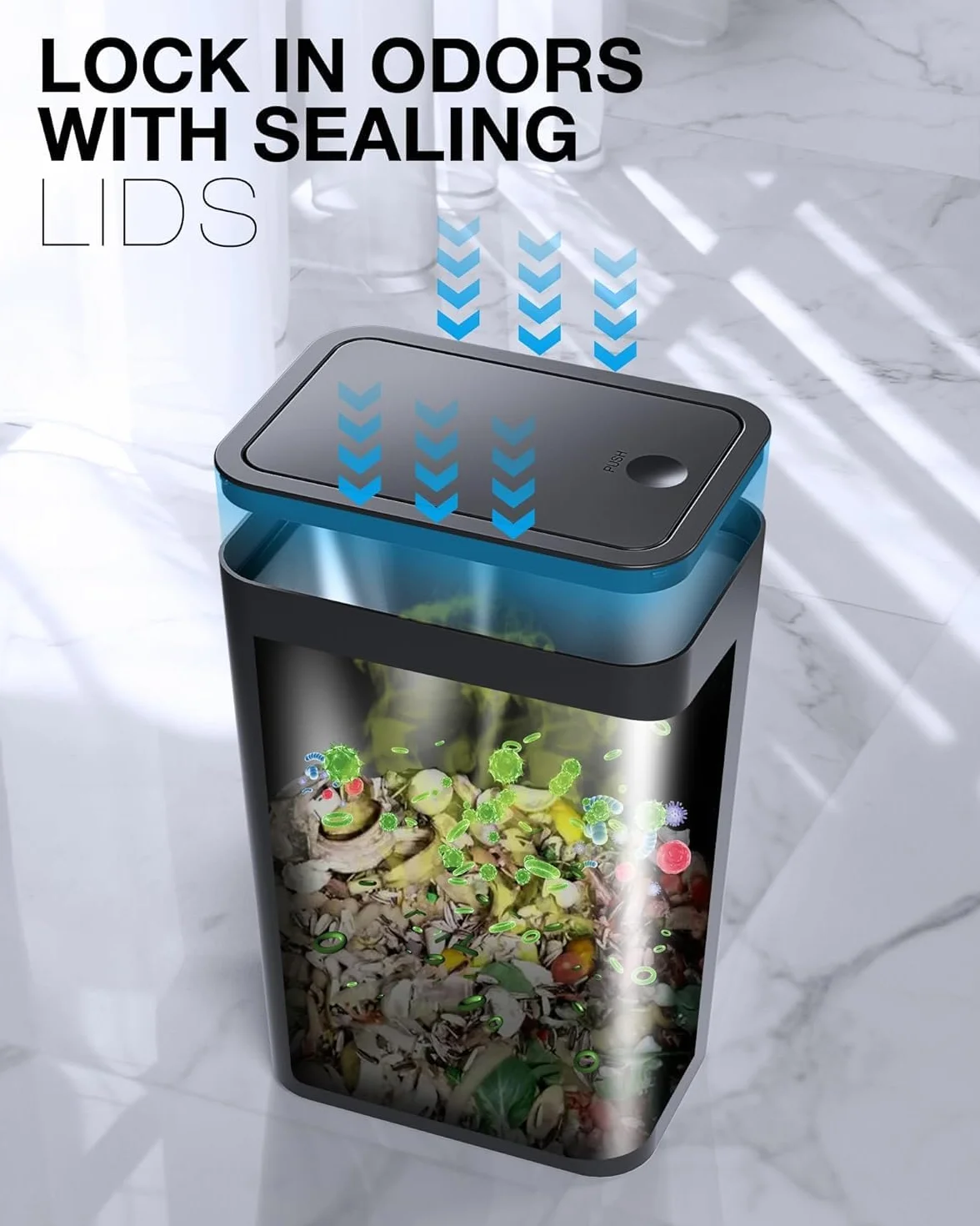 Kongming Pattumiera da bagno, 3 pezzi, da cucina, sottile, 10 l, con coperchio, inodore, per cucina, bagno, ufficio, soggiorno, camera da letto, WC (pattumiera nero)