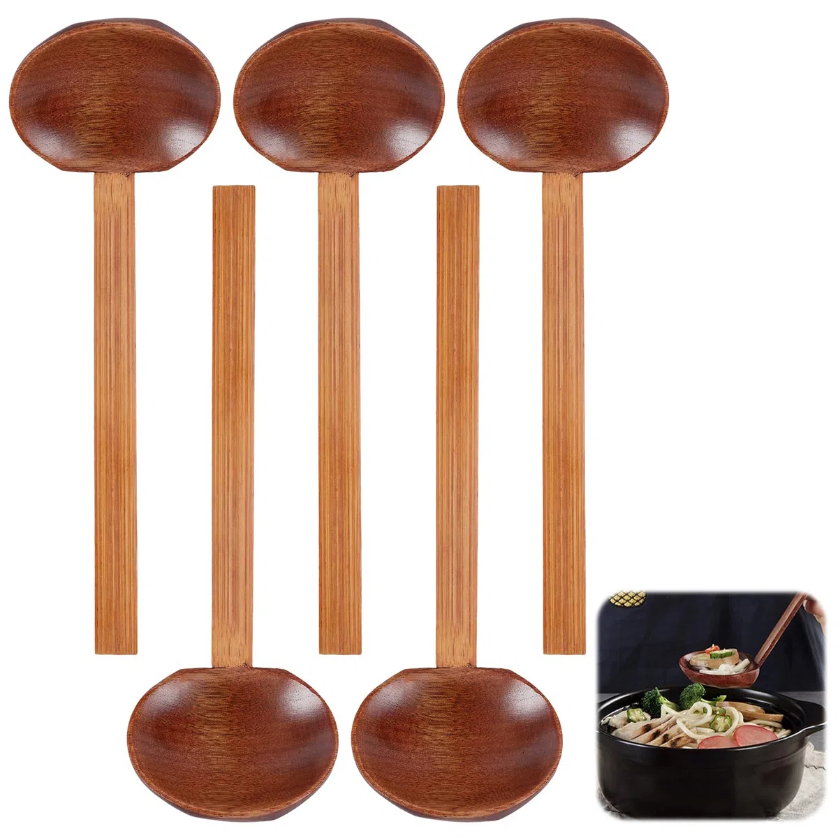 5 Pezzi Grandi Cucchiai da Zuppa in Legno, 22 cm Naturale Cucchiaio in Legno a Gusto Lungo Ramen, Cucchiaio Ramen Manico Giapponese per la Zuppa di Porridge Lamian Noodles Hot Pot Famiglia Ristorante