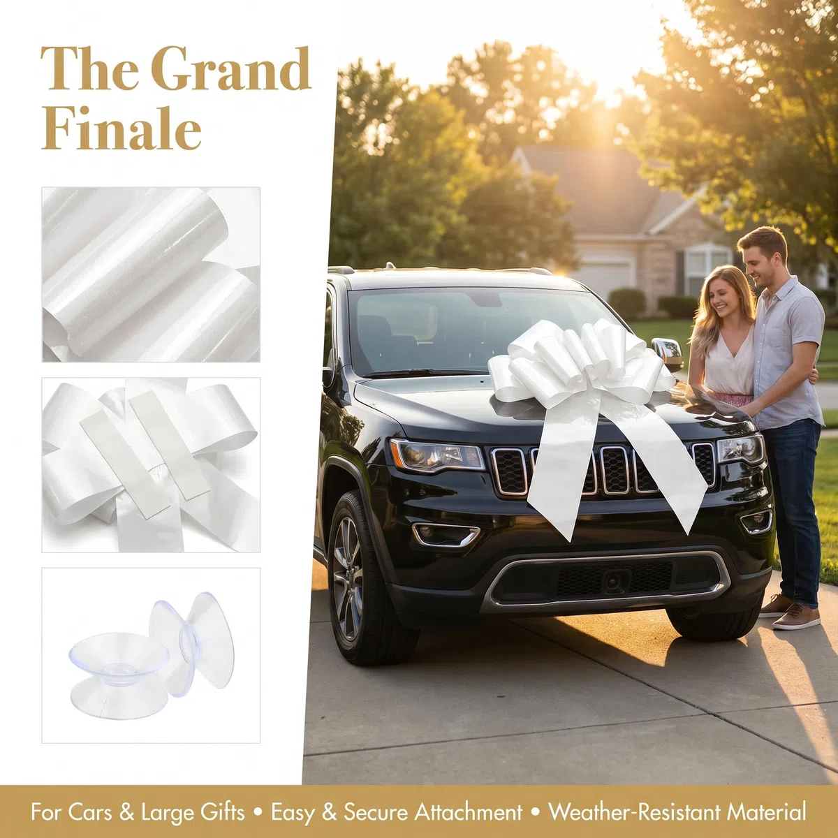 Grande Fiocco Bianco con Ventose e Nastro Biadesivo, Fiocco Regalo da 76 cm, Coccarda per Auto Matrimonio, Fiocco Decorativo per Bicicletta e Grandi Regali, per 18 Compleanno e Decorazioni Matrimonio