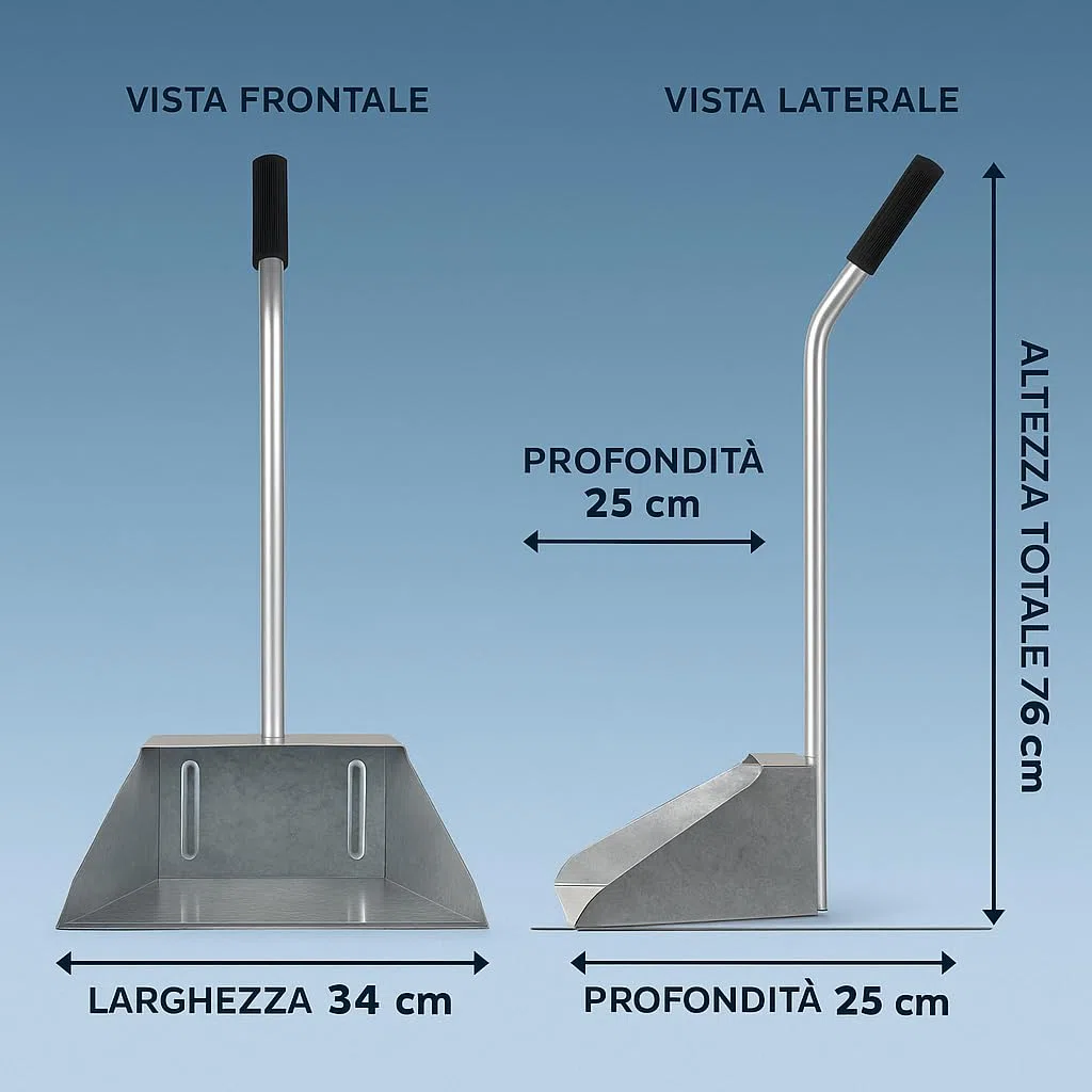 Paletta alza immondizia in acciaio zincato con manico lungo e impugnatura in plastica – 34x25x76 cm