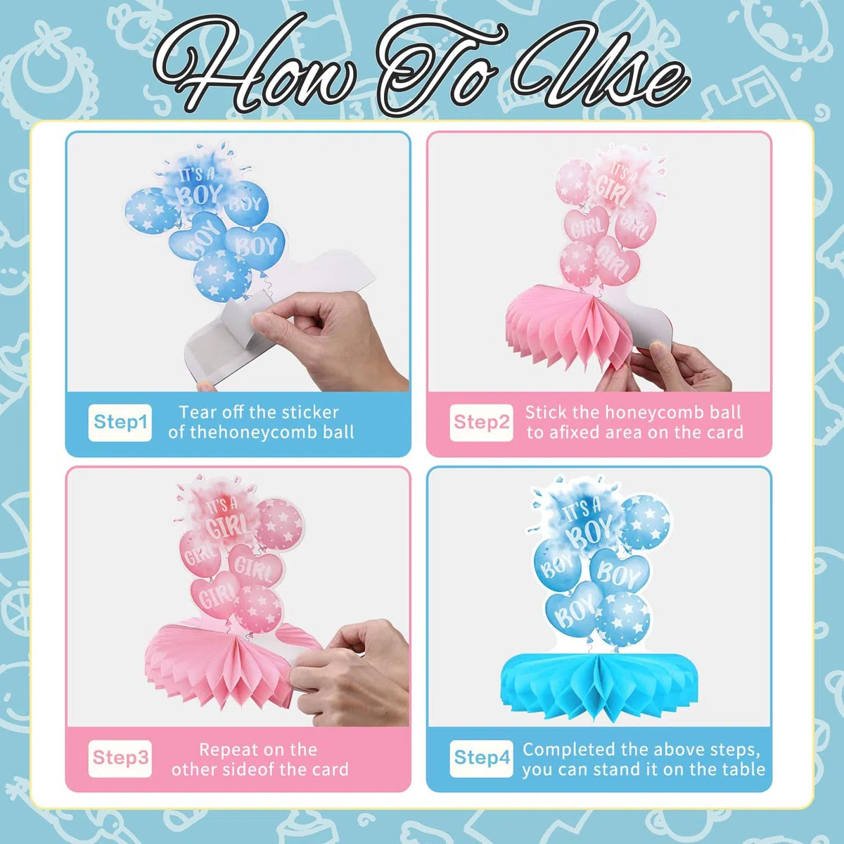 Set di Decorazioni per Rivelazione di Genere - Include Addobbi Tavolo con Centro A Nido d'Ape per Festa di Baby Shower Maschio O Femmina