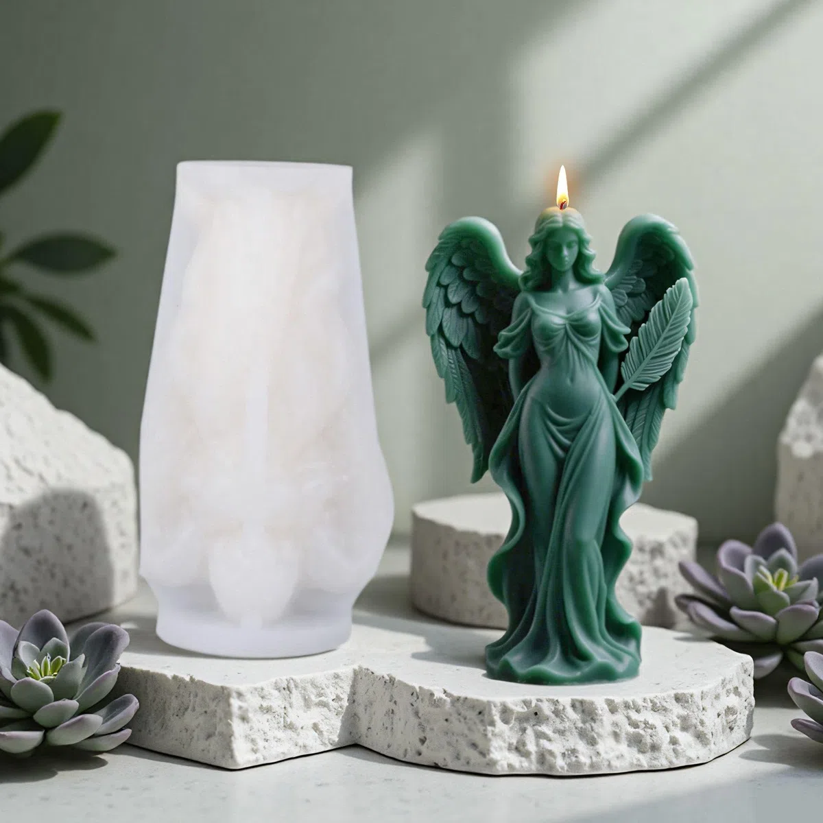 Stampi per candele, per versare, angeli con ali, stampi in silicone, stampi in silicone 3D fai da te (angelo cilindro)