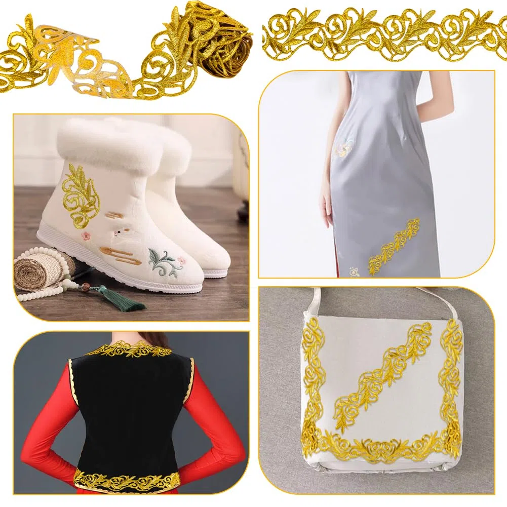 FINGERINSPIRE 2.2 Yards Trim Metallico per Sposa Oro Adesivo Ricamo Pizzo Ricamo Poliestere Trim Pizzo Floreale Artigianale per Cucire Costumi Decorazioni per La Casa Accessori
