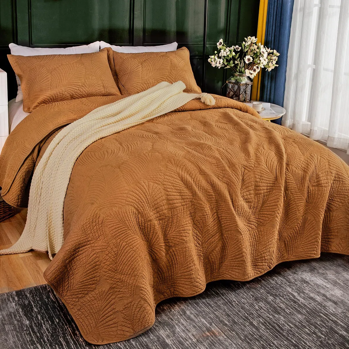 Qucover Copriletto Matrimoniale Cotone Arancione, Trapuntato Extra Morbido, Motivo a Foglie per Stagioni, 230x250cm