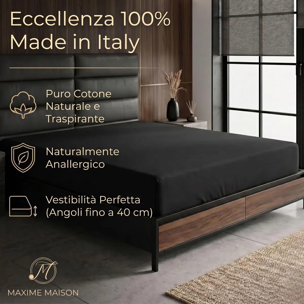 MAXIME MAISON - Lenzuolo con Angoli Matrimoniale 180x200+40 Tessuto 100% Cotone, Lenzuola Matrimoniali Cotone in Traspirante ed Naturalmente Anallergico Realizzate in Italia (Grigio Scuro)