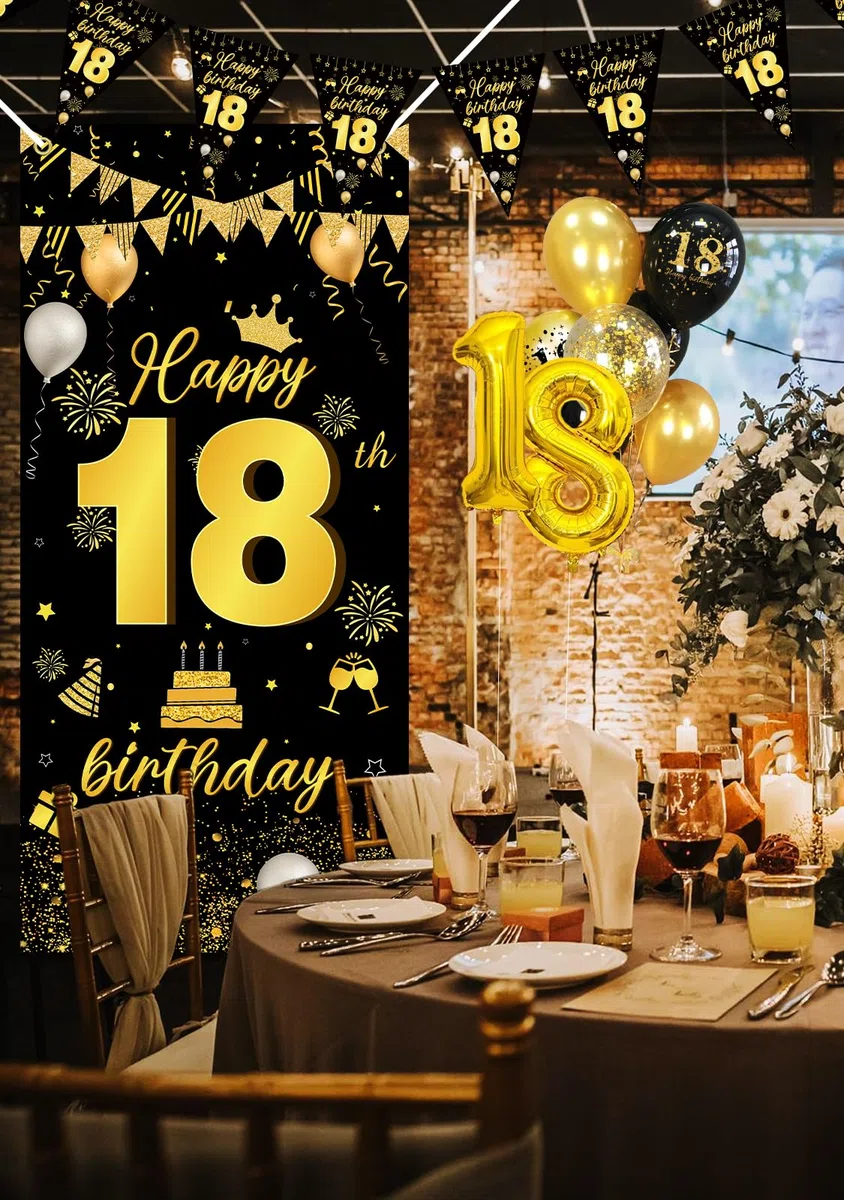 Palloncini 18 Anni Compleanno Ragazza Ragazzo, 18 Anni Decorazioni Nero Oro, Striscione 18 Anni, Coriandoli, Feste di Compleanno Sfondo Fotografico Tessuto, Decorazioni per Compleanno
