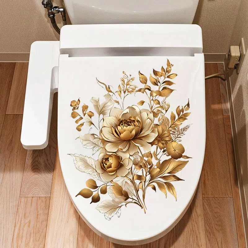 Adesivi per copriwater con fiori di peonia dorata, pesce uccello fiore foglia impermeabile coperchio del water decalcomanie cisterna adesivo da parete per bagno