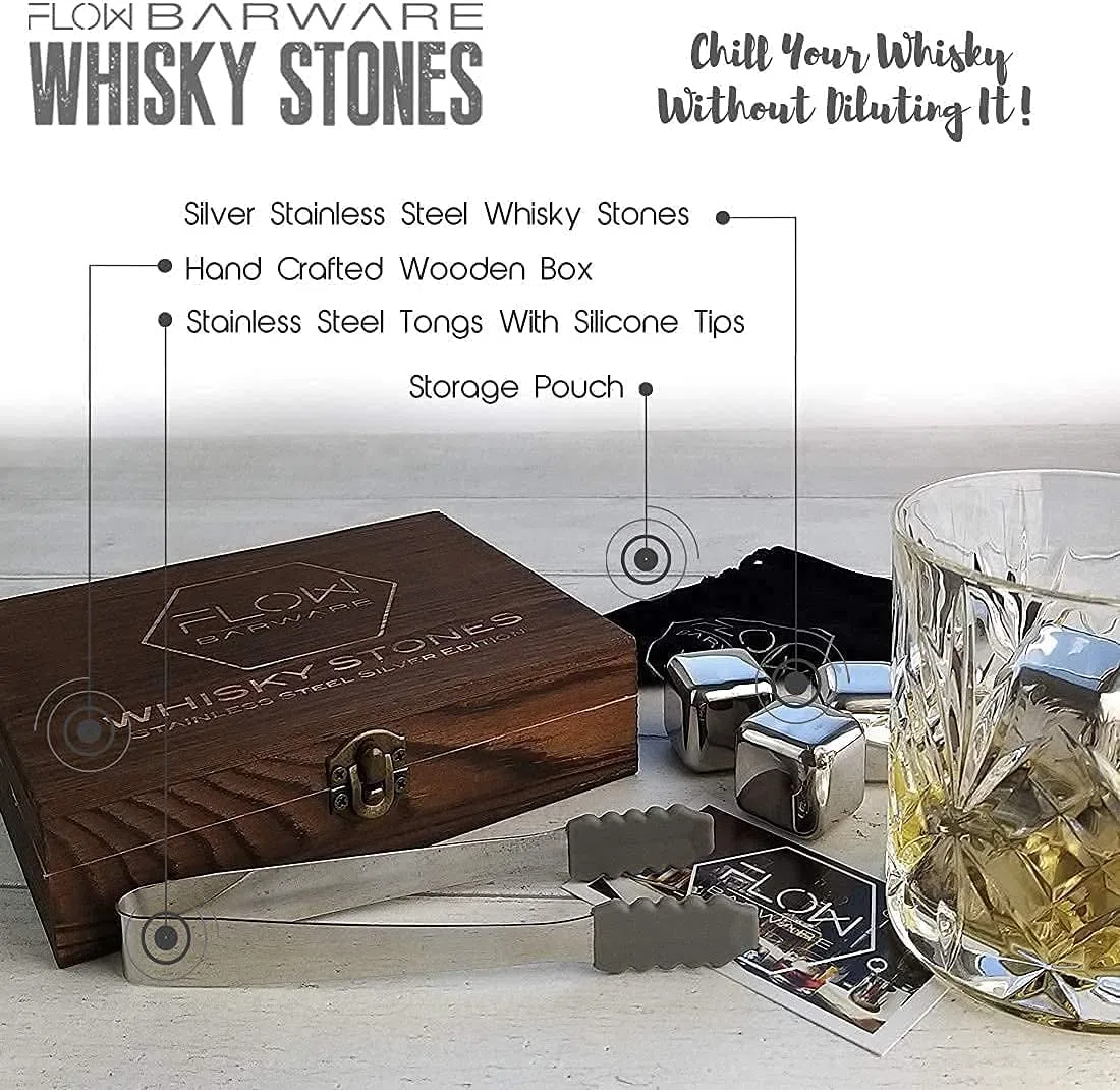 Flow Barware - Set regalo in pietra di whisky in acciaio inossidabile con pinze per il ghiaccio e custodia, cubetti di ghiaccio in metallo riutilizzabili per prevenire la diluizione di whisky, rum