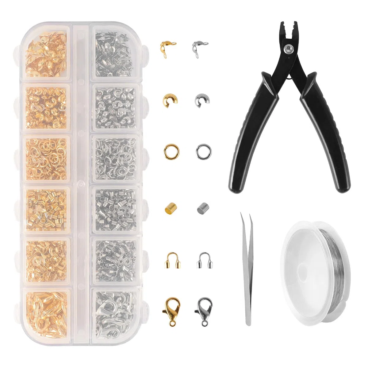 1200 Pezzi Set di Perline a Crimpare, Set di Perline a Crimpare, Chiusure a Moschettone, con 6 Accessori, per la Creazione di Gioielli per la Creazione di Gioielli