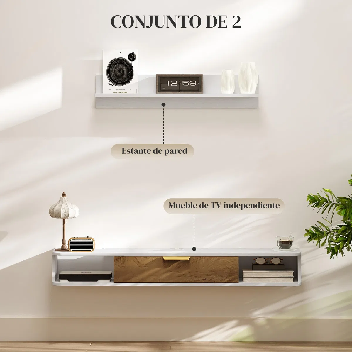 HOMCOM Mobile da soggiorno, mobile da sala da pranzo, con ripiano da parete, mobile TV, armadio, scomparti per cavi, per TV da parete, 120 x 24 x 16 cm, bianco