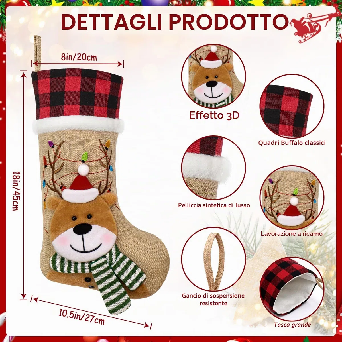 Calze di Natale, Calze Natalizie da Appendere,Calza Natale Personalizzata con 3D Renne, Decorazioni Natalizie Calze Natalizie per Casa, Camino, Albero di Natale