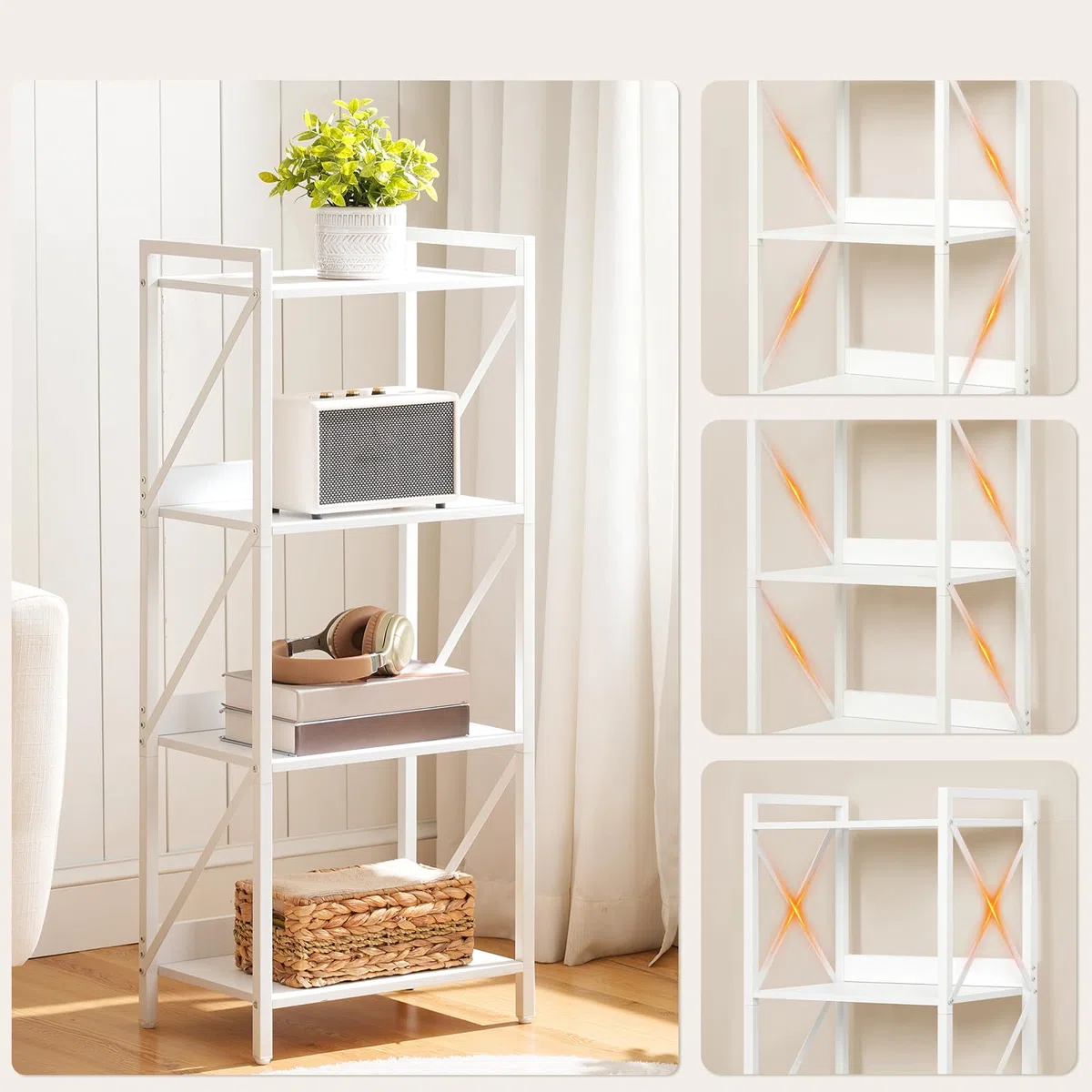 HOOBRO Scaffale a 4 Ripiani in Stile Moderno, Libreria Angolare, Scaffale a Scala, con Struttura in Metallo, per Soggiorno, Camera, Ufficio, Cucina o Ingresso, Bianco EWW40SJ01