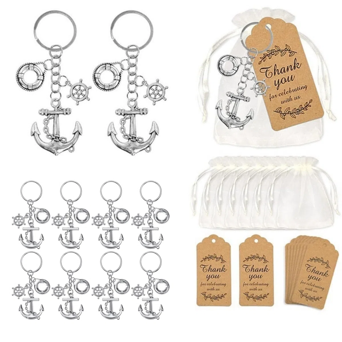 Set di 10 portachiavi a forma di ancora, bomboniere per gli ospiti, souvenir creativi con sacchetti regalo con coulisse ed etichette di ringraziamento per decorazioni a tema nautico per