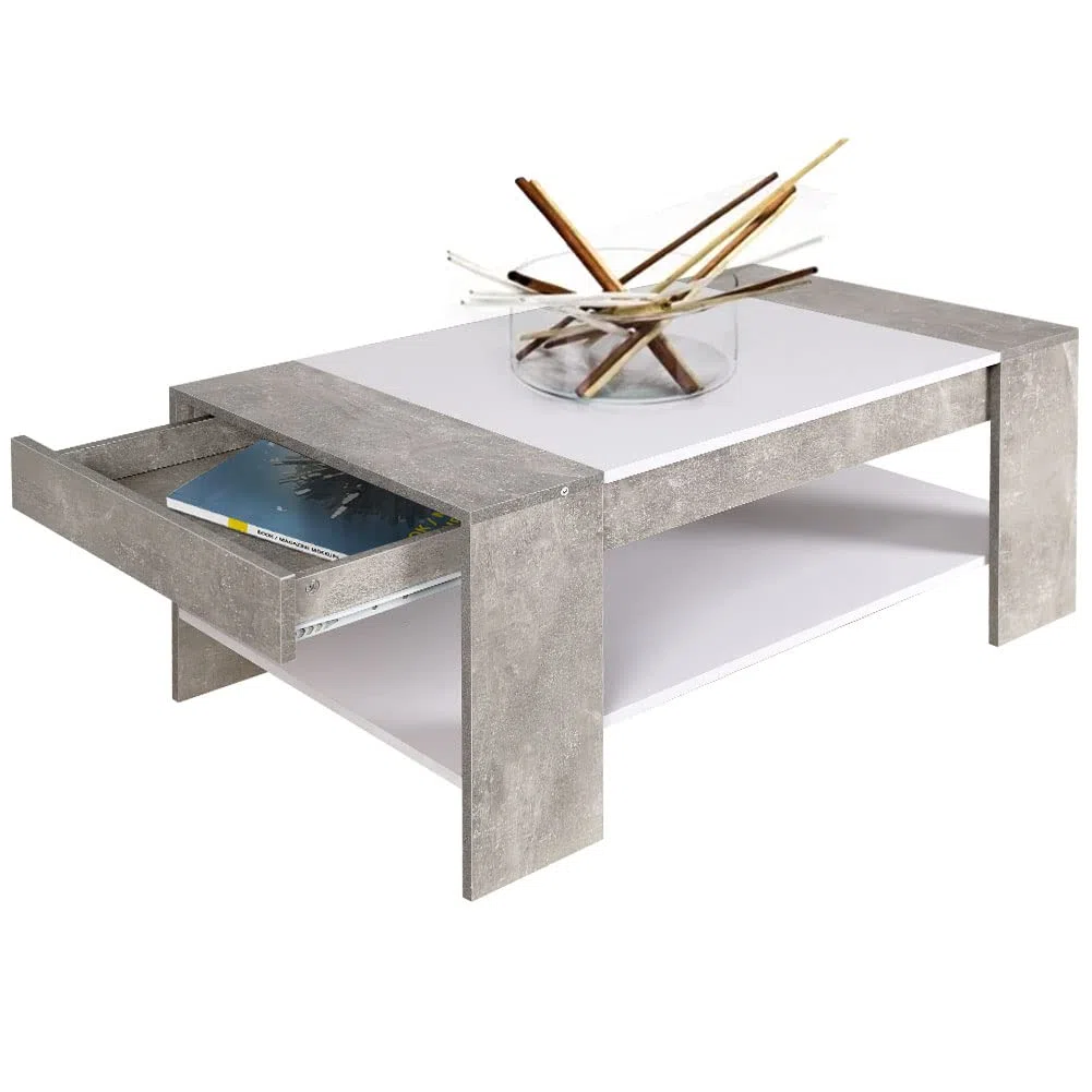 BAKAJI Tavolino Divano Tavolo Caffè da Salotto Rettangolare Design Moderno in Legno MDF con Ripiano Inferiore e Cassetto a Scomparsa Dimensione 100 x 58 x 44 cm Colore Grigio Effetto Cemento