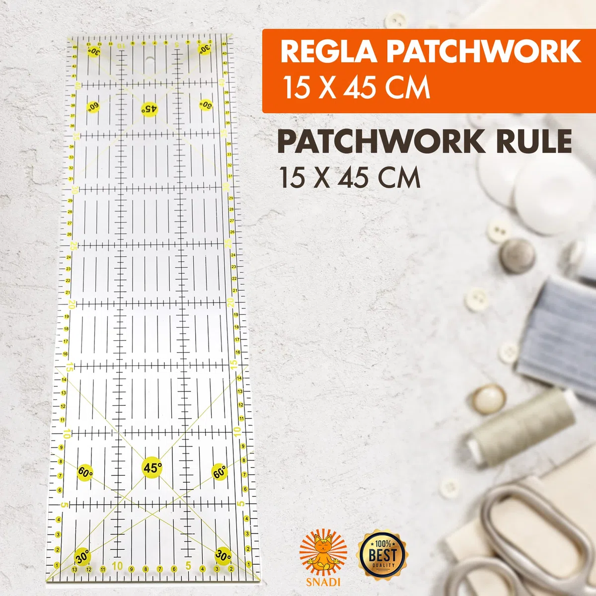 Righello per Patchwork 15 x 45 cm | Taglio Preciso per Cucito e Artigianato | Regole per la Creazione di Modelli | Acrilico Durevole | Visibilità su Tessuti Scuri | Quilting | Trasparente