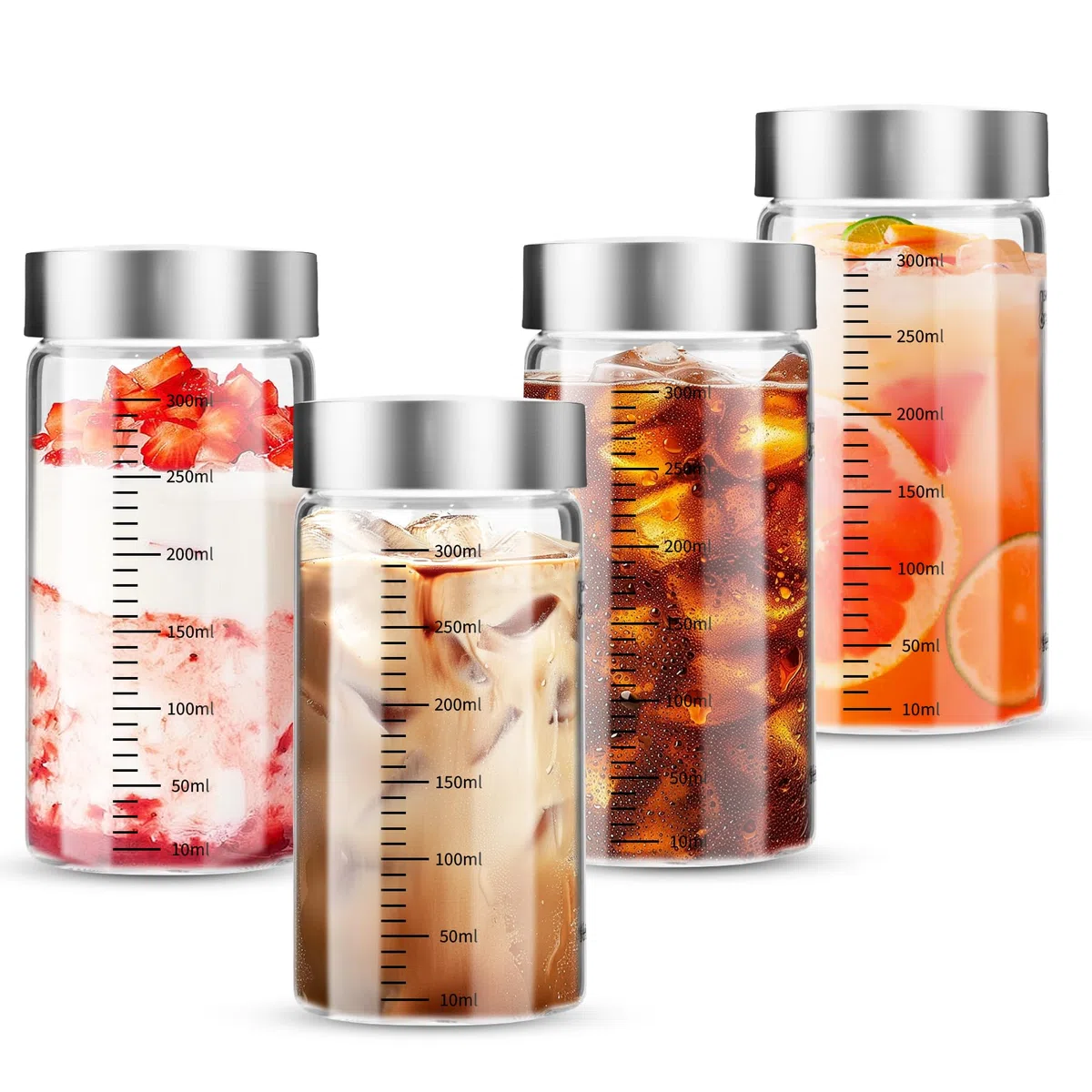 4 Bottiglie di Vetro da 300 ml con Coperchio in Acciaio Inox,Riutilizzabile,Senza BPA,per Succhi, Frullati, Caffè, Latte, Tè, Latte Vegetale e Altro Ancora