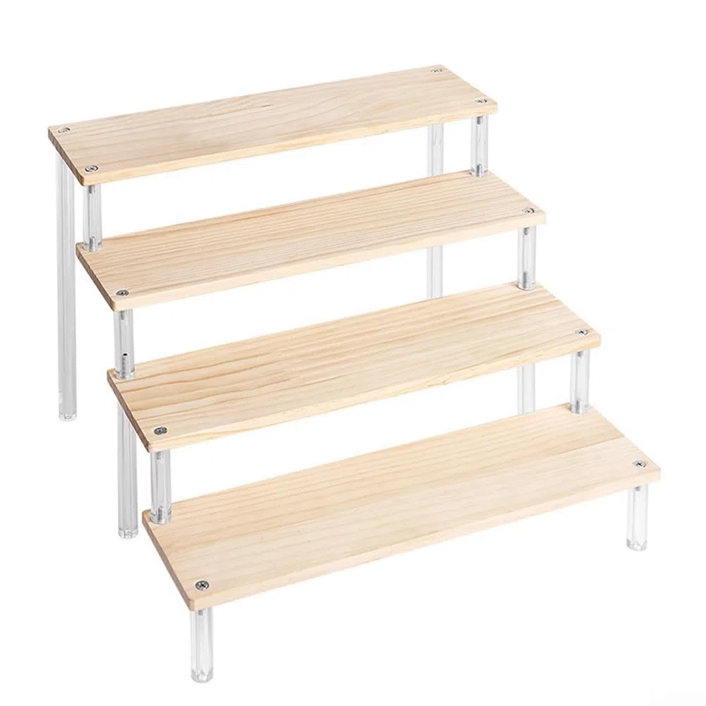Espositore a scala in legno con ripiani in acrilico per organizzare cosmetici, cancelleria e oggetti da collezione (4 strati 30 cm)