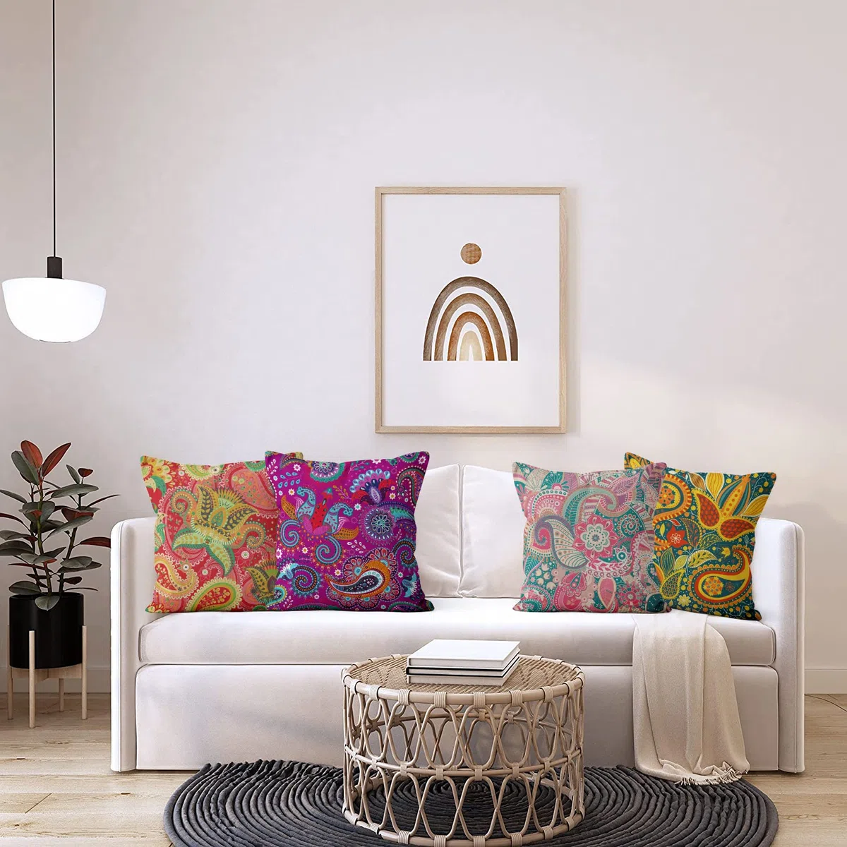 Lot de 4 housses de coussin bohème 40x40 cm, boho floral rouge jaune violet décoration de canapé housse de coussin lavable en polyester d'ameublement housse de coussin