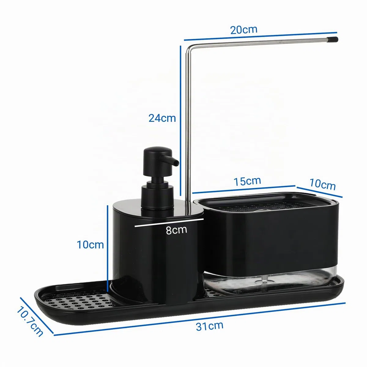 Set Dispenser Sapone Cucina 2 in 1 per cucina con supporto in spugna, ideale per lavare le mani e lavastoviglie, ricaricabile, adatto per dispenser di detersivi da cucina, nero