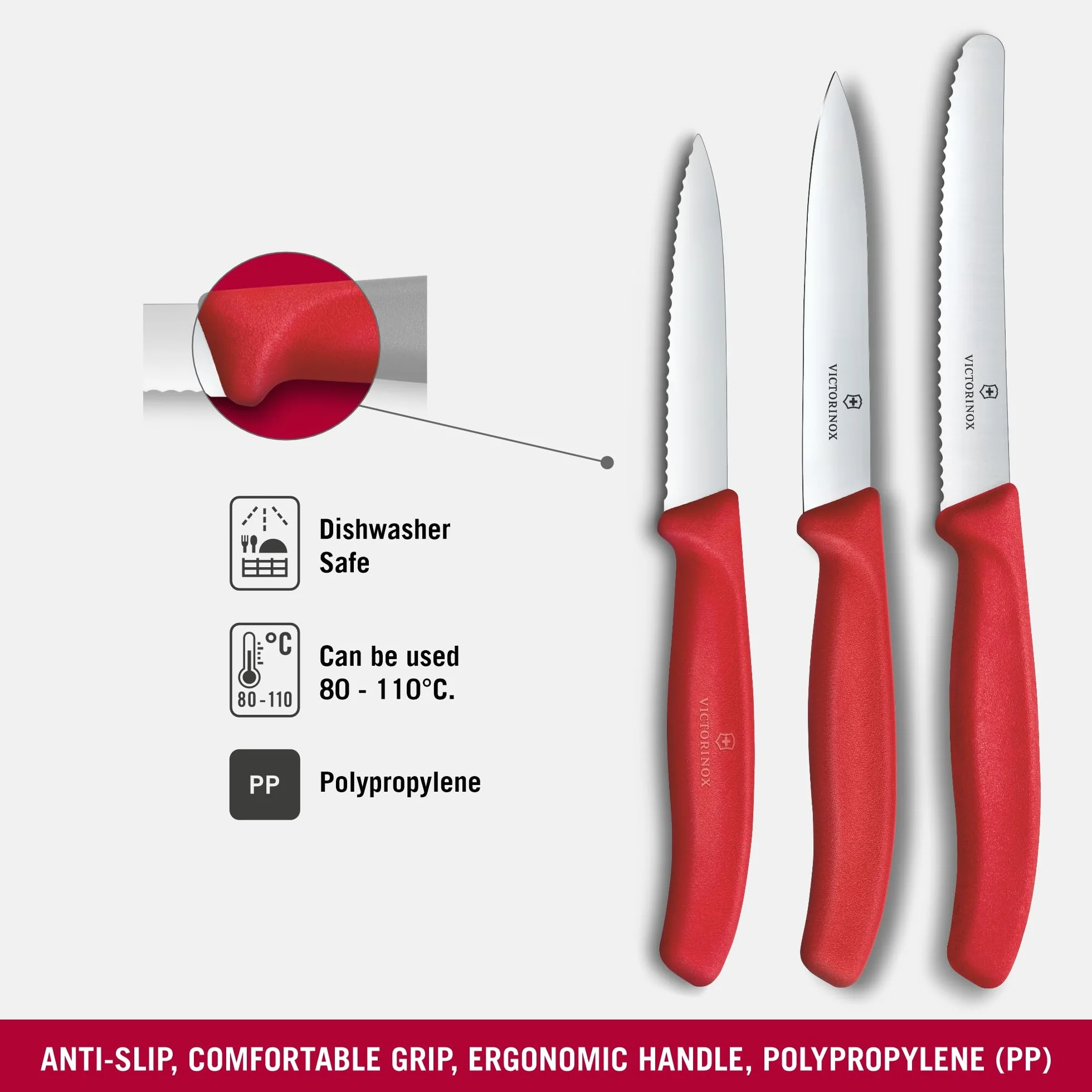 Set di coltelli da cucina Victorinox Swiss Classic, 3 pezzi, Coltello per verdure, pomodori e colazione, Manico in plastica robusta, Acciaio inossidabile, Rosso