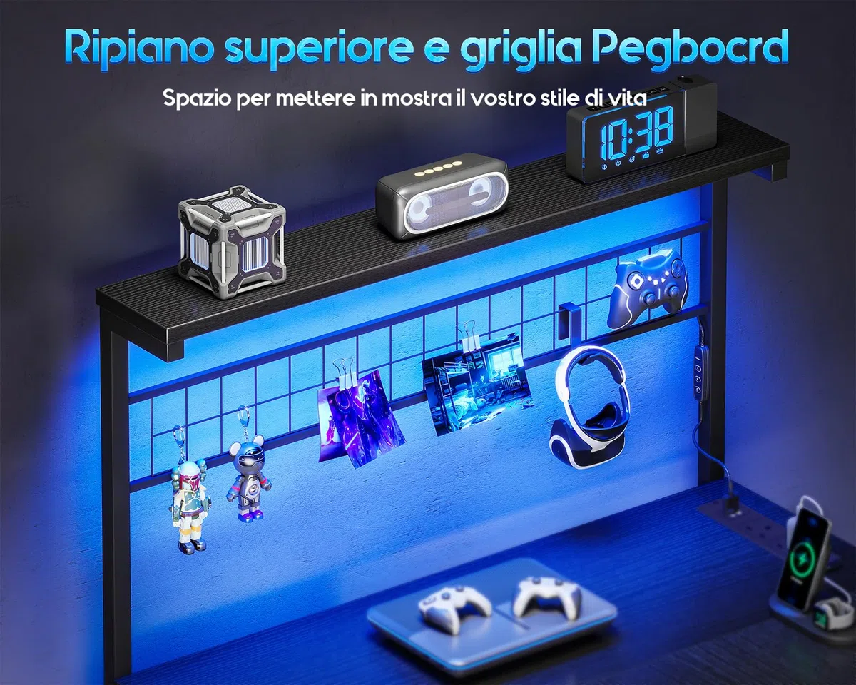 Coleshome Scrivania Gaming con LED, 130 x 100 cm Reversibile Tavolo Gaming con Cassetti e Prese, Scrivania Angolare con Ripiani e spazio di archiviazione, Nero
