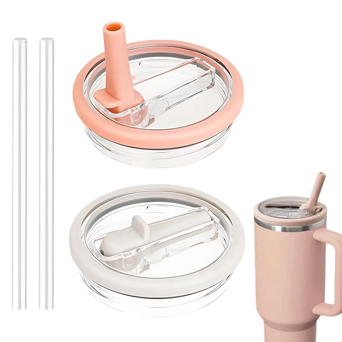 Stanley Cup Set di 2 Pezzi Coperchio Impermeabile, Sostituzione 40 Oz Con Accessori e 2 Pezzi Cannuccia (Rosa+Bianco)