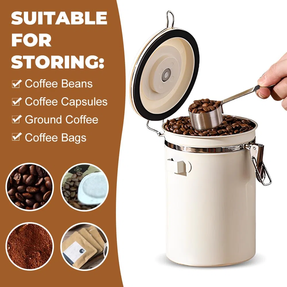 Barattolo Caffe Ermetico 11.8 X 18 CM,Contenitore Caffe in Polvere,Coffee Beans Container,Contenitore Farina con Display Della Data e Cucchiaino,Barattolo per Conserve Zucchero per Noci e Tè