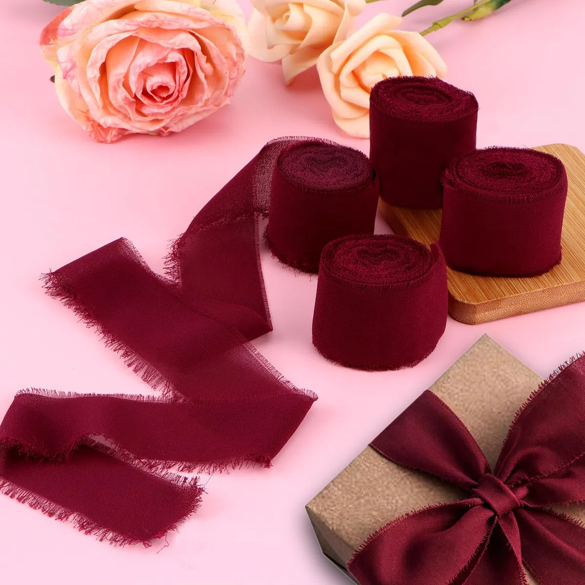 4PCS Nastro Chiffon Rosso Vino, 4 cm nastro regalo vino rosso matrimonio nastro chiffon bordeaux Nastri Vintage Chiffon per Bouquet da Sposa, Confezione Regali
