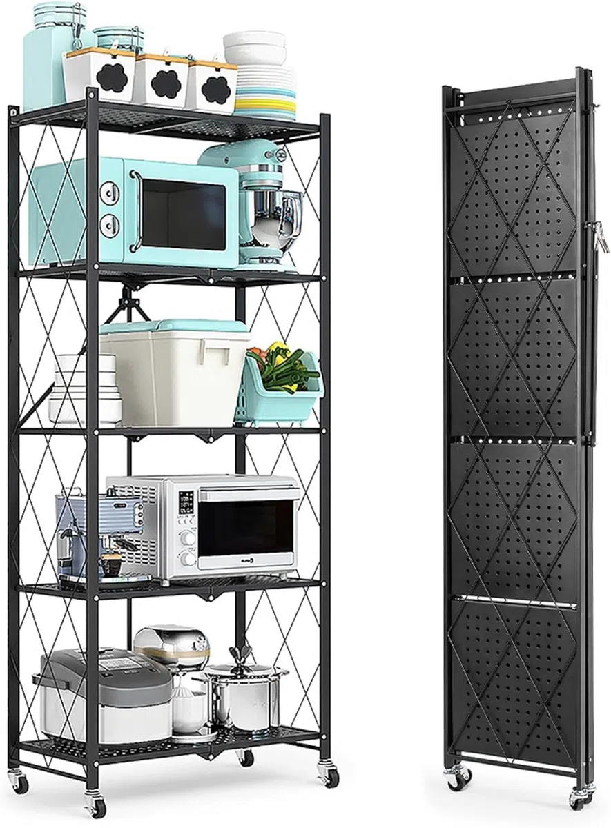 Scaffale pieghevole con ruote, 5 ripiani, per carichi pesanti, 71 x 34 x 121/159 cm, in metallo, colore nero, per cucina, soggiorno, ufficio (5 Etagen)