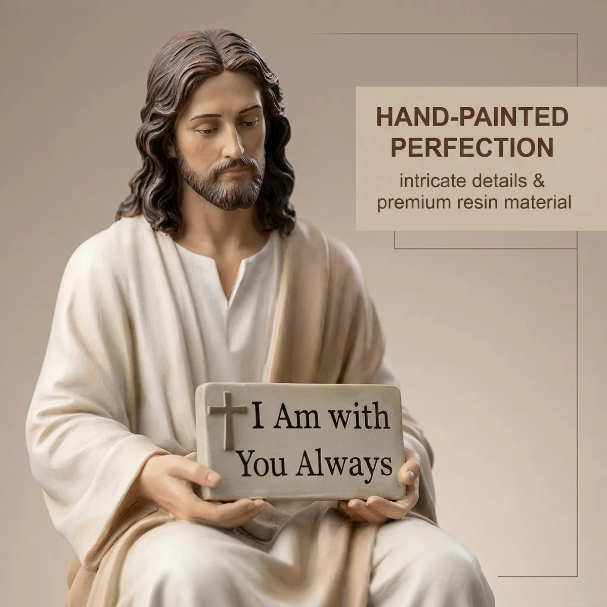 Statua di Gesù Seduto Dipinta a Mano, Figura in Resina con Incisione 'Io Sono con Voi Tutti i Giorni', Decorazione Ispiratrice per la Casa e Idea Regalo di Fede