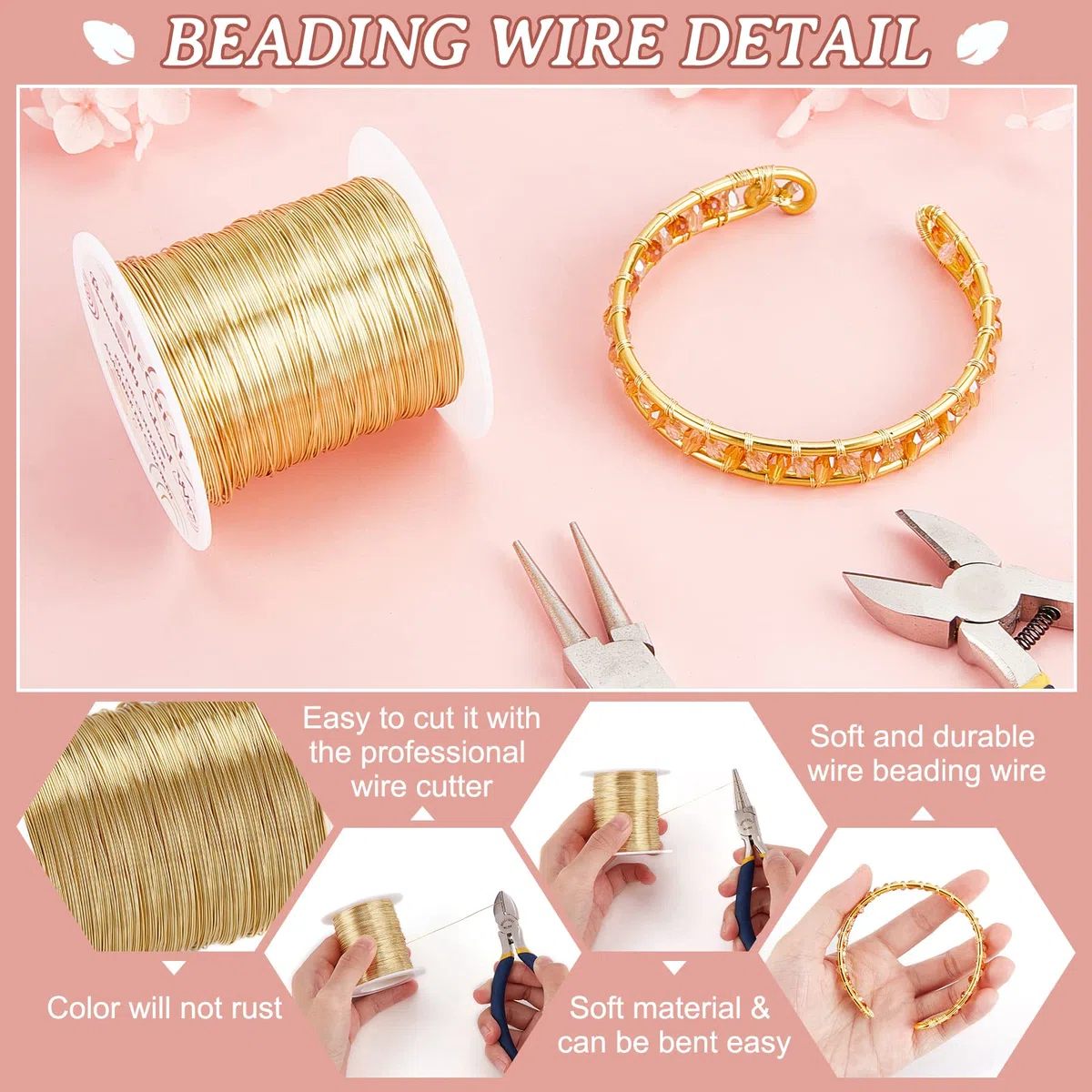 BENECREAT Filo di perle da 26 calibri, 0,4 mm, 120 m, filo di rame resistente all'ossidazione, per imballaggio di perle e altri lavori artigianali in oro chiaro