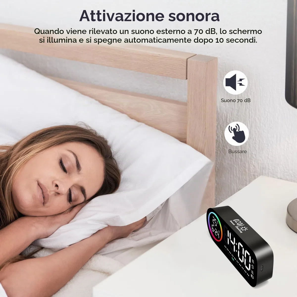 Vinabo Sveglia digitale con luce notturna a 7 colori, 4 livelli di luminosità, ampio display a LED della temperatura, controllo vocale, 12/24 ore, porta USB, snooze, memoria di spegnimento (Nero)