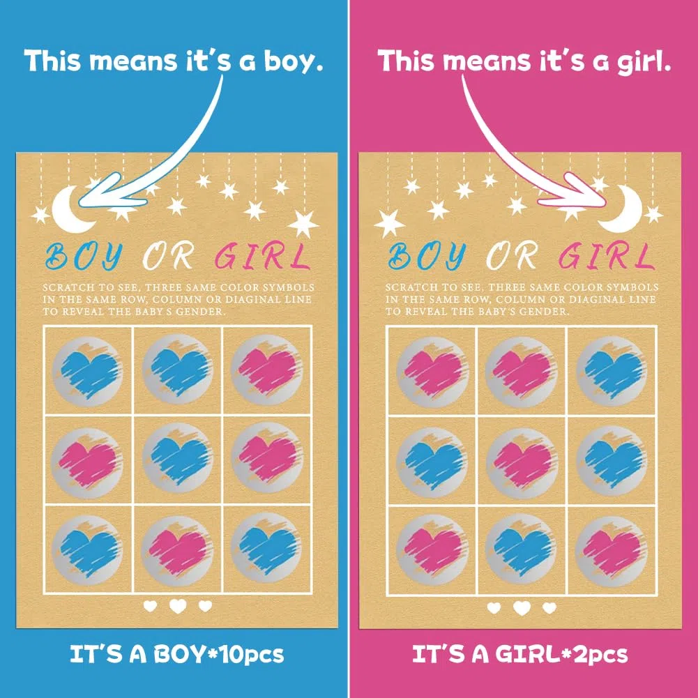 Gratta Vinci 12 Adesivi Gender Reveal per Baby Shower Annuncio Gravidanza, Maschio o Femmina, Gratta Rivela Sesso del Bambino, Attività per Festa Prenatale (Pacchetto Misto) (10 ragazzi e 2 ragazze)