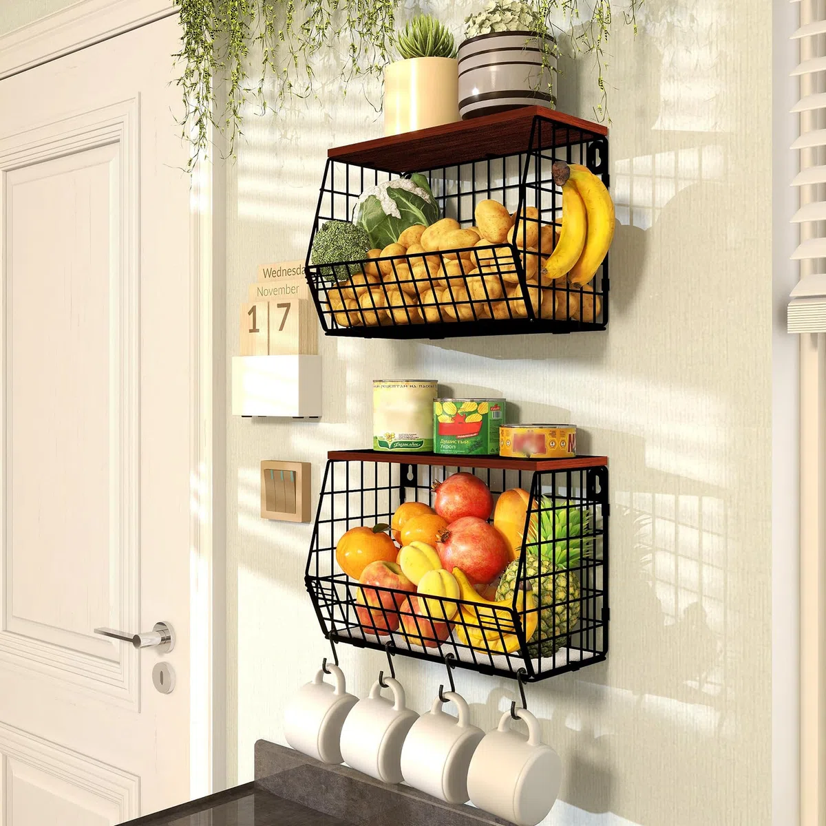 Mefirt Portafrutta 2 Livelli Cesto Frutta da Tavolo, 2 Pezzi Moderno con Coperchio in Legno, Impilabile e Montabile a Parete Cestino Frutta per Conservare Verdure Frutta Snack
