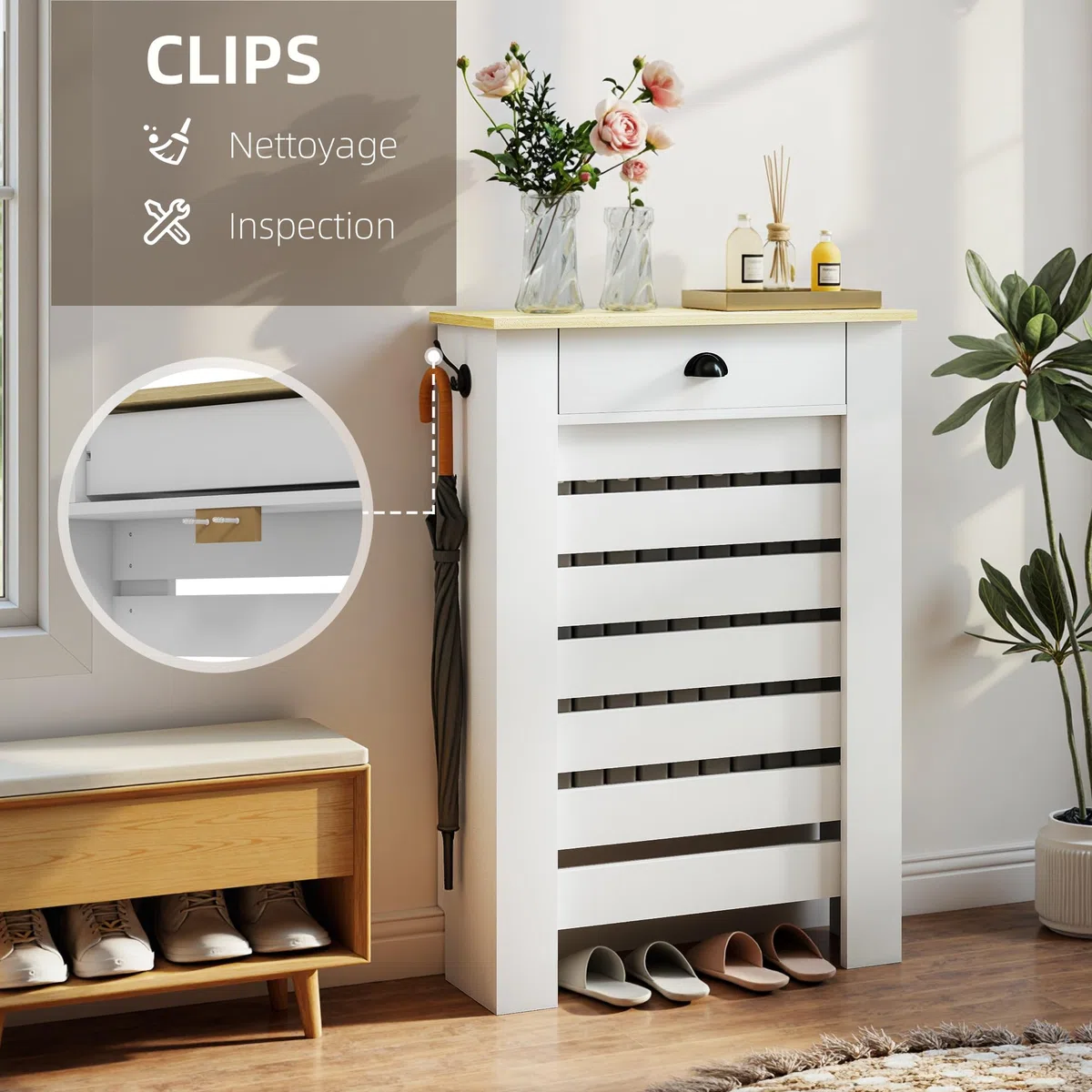 HOMCOM Copriradiatore, schermo per radiatore, griglia a lamelle orizzontali, con cassetto, per soggiorno, camera da letto, corridoio, legno, 78 x 19 x 95,5 cm, bianco