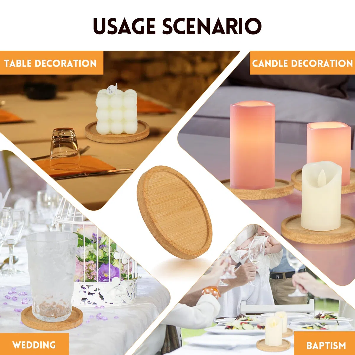 Sottobicchieri per candele, 6 pezzi, in legno (oliato), piatti per candele con diametro di 9 cm, sottobicchieri per battesimi, candele di nozze, per decorare o come articolo da regalo