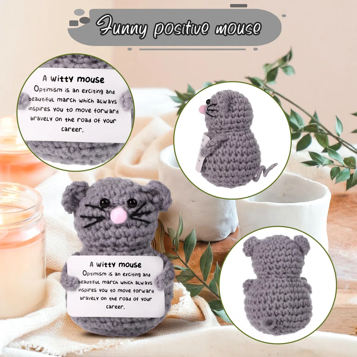Topo Divertente Positivo, Bambola di Topo Lavorata a Maglia Carina Creativa da 8cm con Carta Ispiratrice Topo all'Uncinetto per Peluche Regalo di Compleanno Decorazione per Feste Incoraggiamento