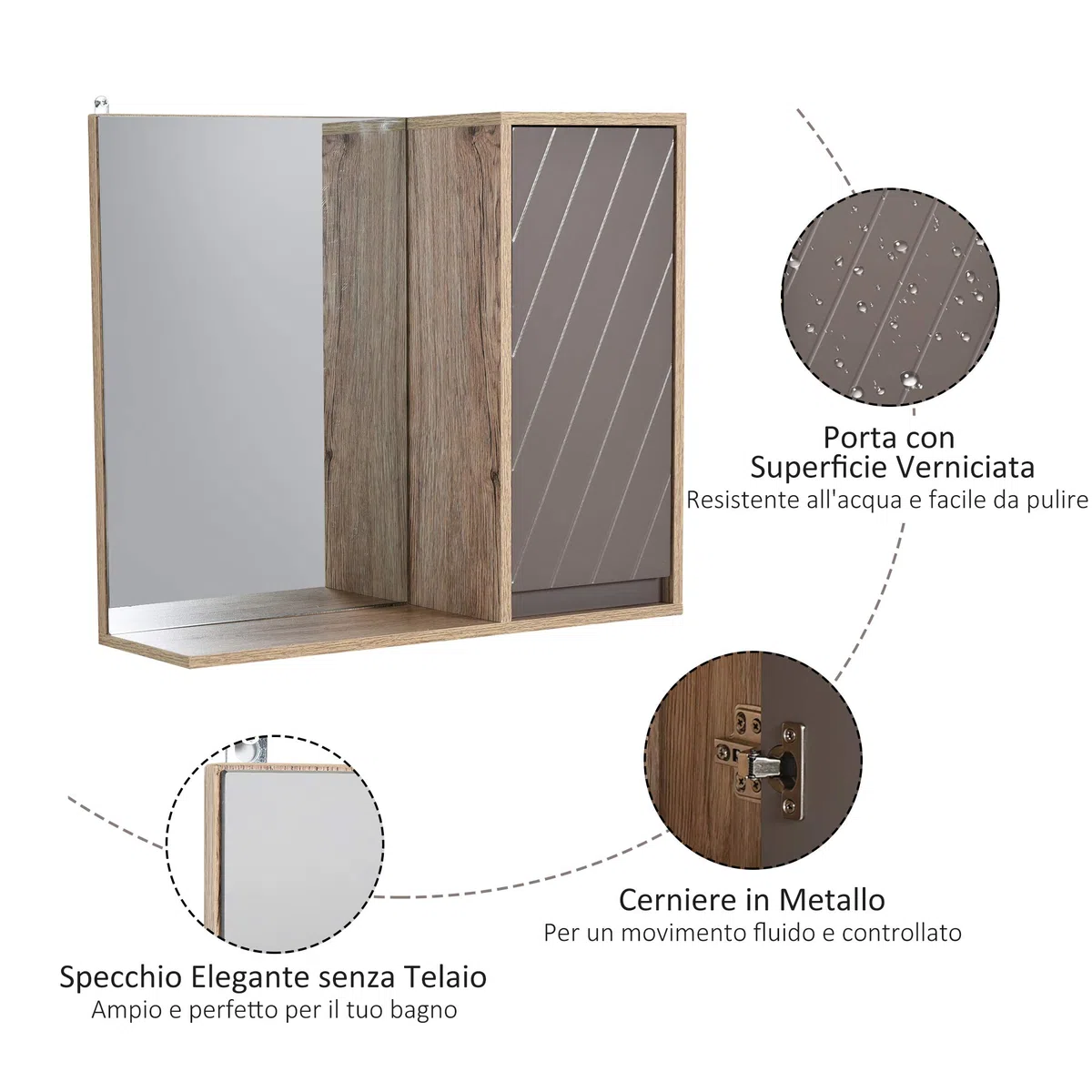 HOMCOM Armadietto Pensile per il Bagno con Mensola, Specchio e 2 Ripiani, Specchio Bagno Contenitore Installazione a Parete, Grigio e Rovere, 57 x 14.2 x 49.2cm
