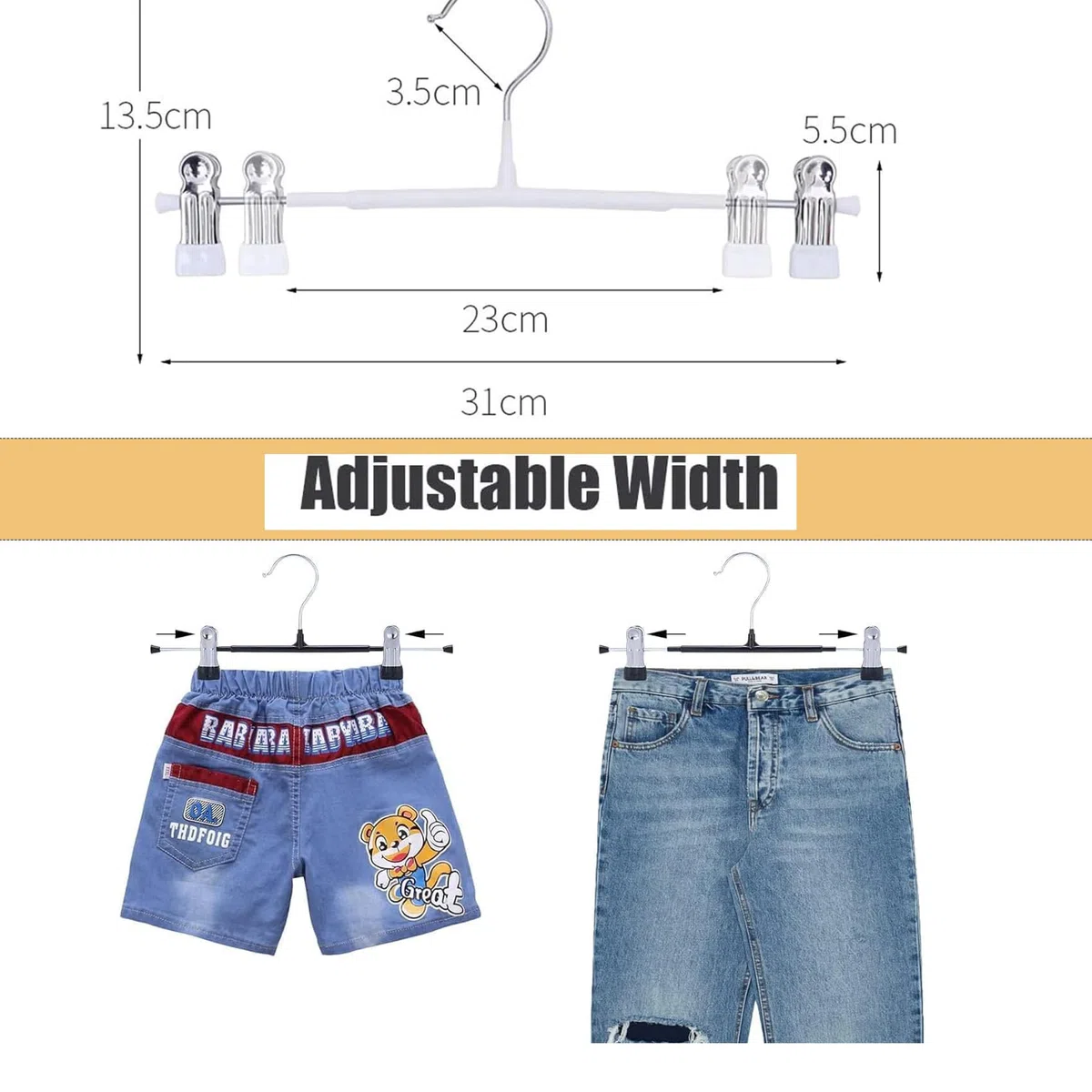 Grucce per pantaloni in metallo, 30 cm, 10 grucce con clip antiscivolo, resistenti alla ruggine, per pantaloni, pantaloncini, gonne, calze, biancheria intima (bianco)