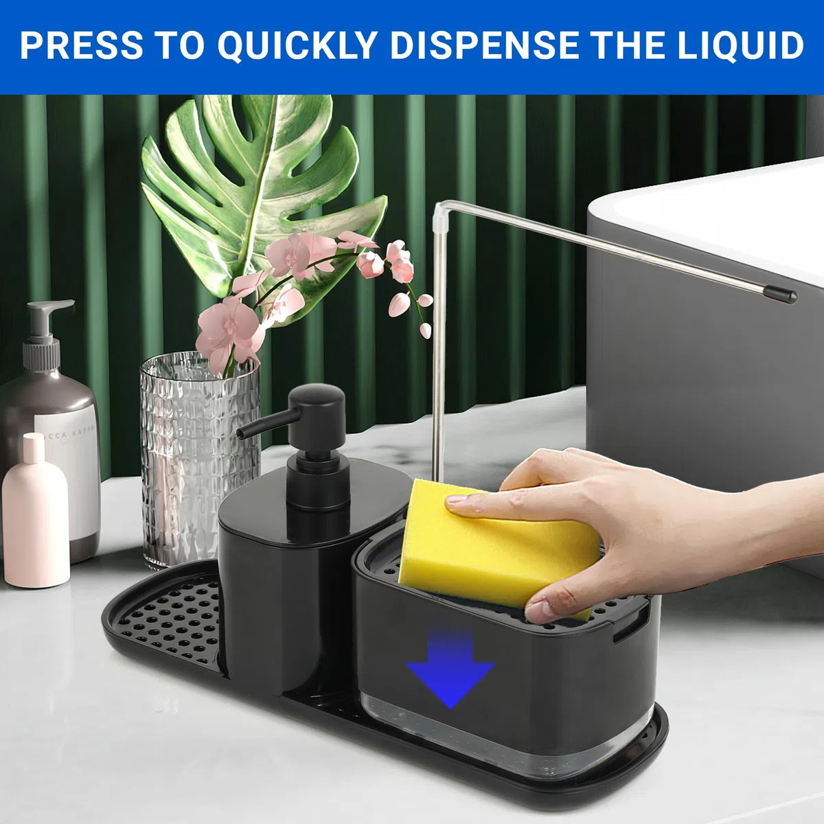 Set Dispenser Sapone Cucina 2 in 1 per cucina con supporto in spugna, ideale per lavare le mani e lavastoviglie, ricaricabile, adatto per dispenser di detersivi da cucina, nero