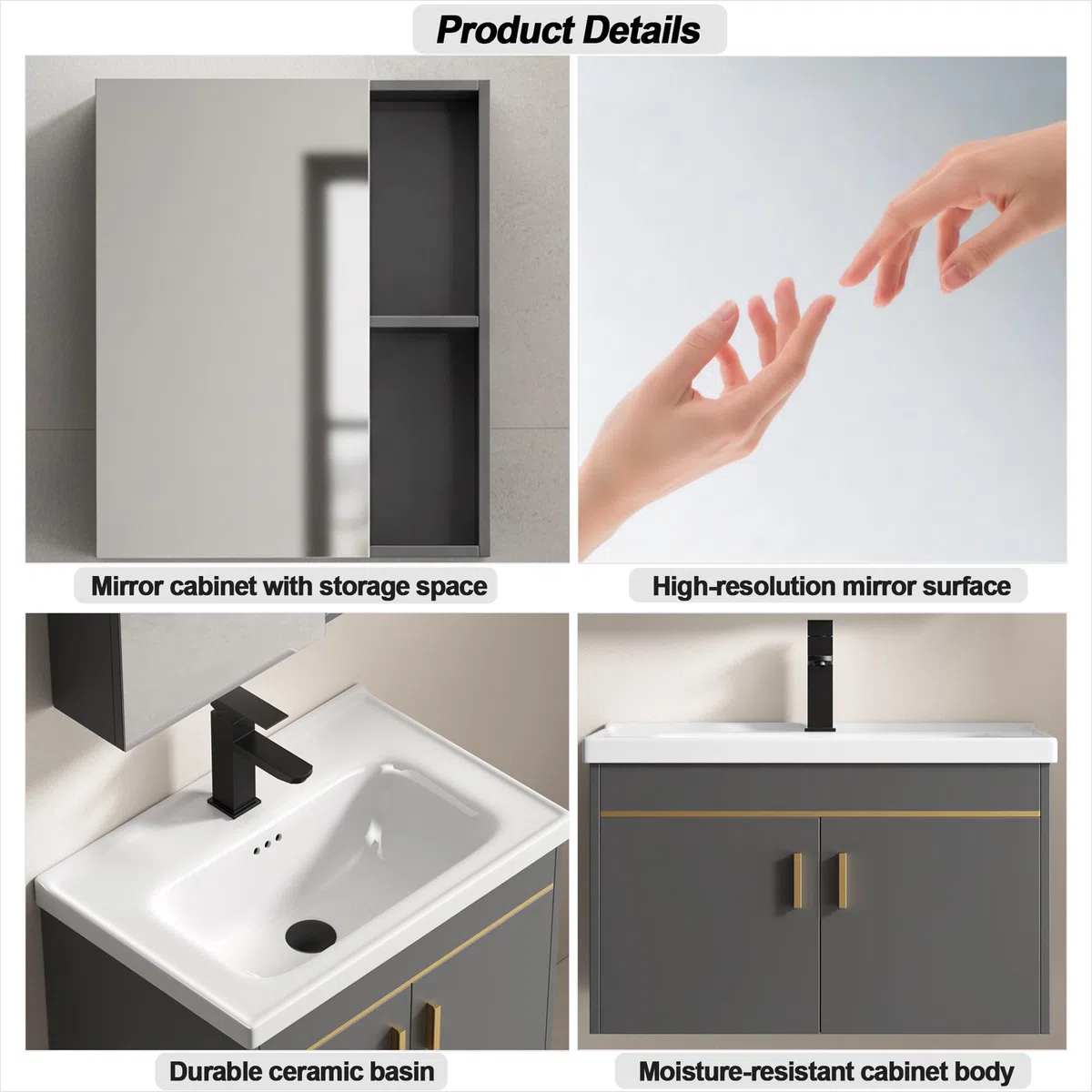 Set di mobili da bagno 60cm con lavabo e armadietto a specchio, mobiletto sottolavabo a parete in legno di pino, lavabo in ceramica con rubinetto e scarico, set di mobili da bagno per bagno (grigio