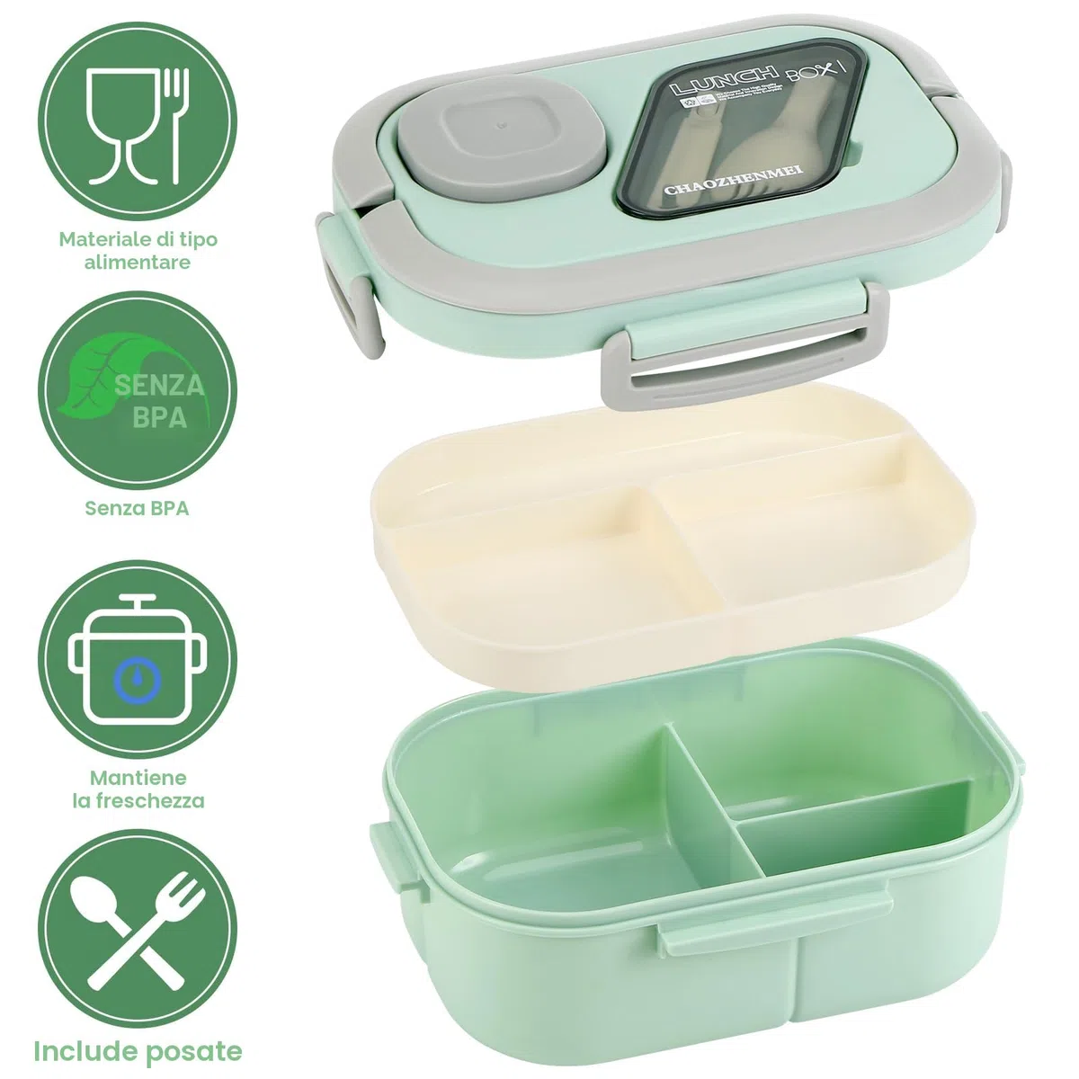 Kasanni Lunch Box con scomparti, lunch box, contenitore per pranzo e insalata, bento box con cucchiaio, snack box, pranzo, per adulti e bambini, senza BPA (Verde)