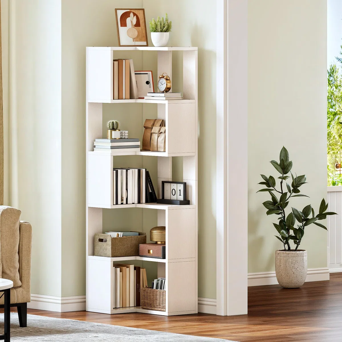 YITAHOME Libreria, scaffale angolare a 6 ripiani, scaffale a forma di L, libreria da pavimento, scaffale da esposizione per soggiorno, camera da letto, casa, ufficio, studio, 50 x 39 x 150 cm, bianco