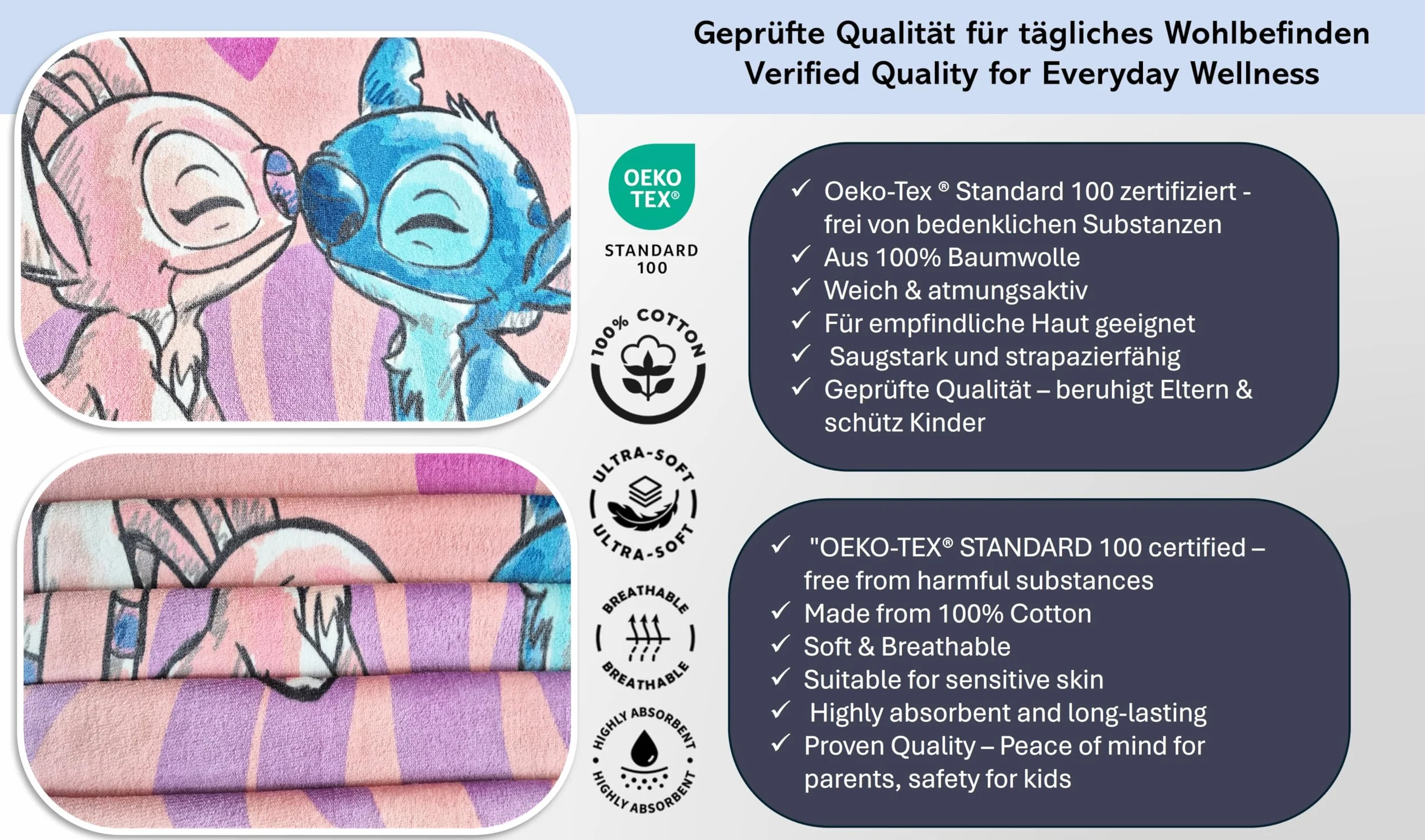 Theonoi Disney Lilo und Stitch, asciugamano da bagno per bambini, 70 x 140 cm, 100% cotone, per ragazze – Standard Öko Tex