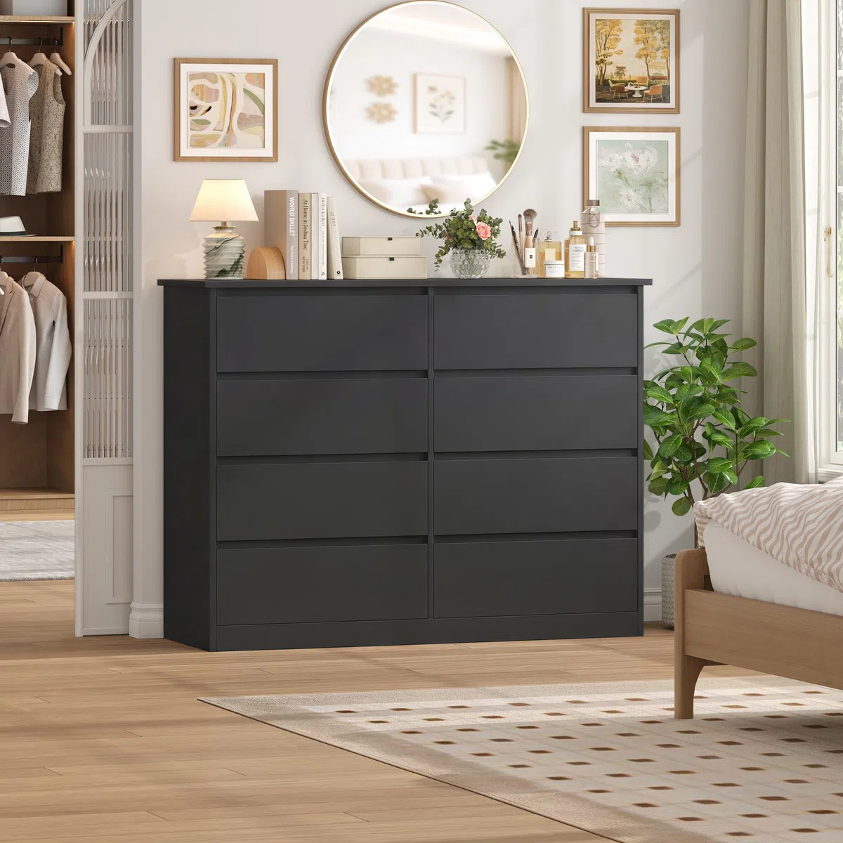 FOREHILL 120 cm Cassettiera con 8 Cassetti, Cassettiera Camera da Letto, Comò Camera da Letto, Mobile con Cassetti Moderna, per Corridoio, Soggiorno, 120x39,5x96cm (Nero)