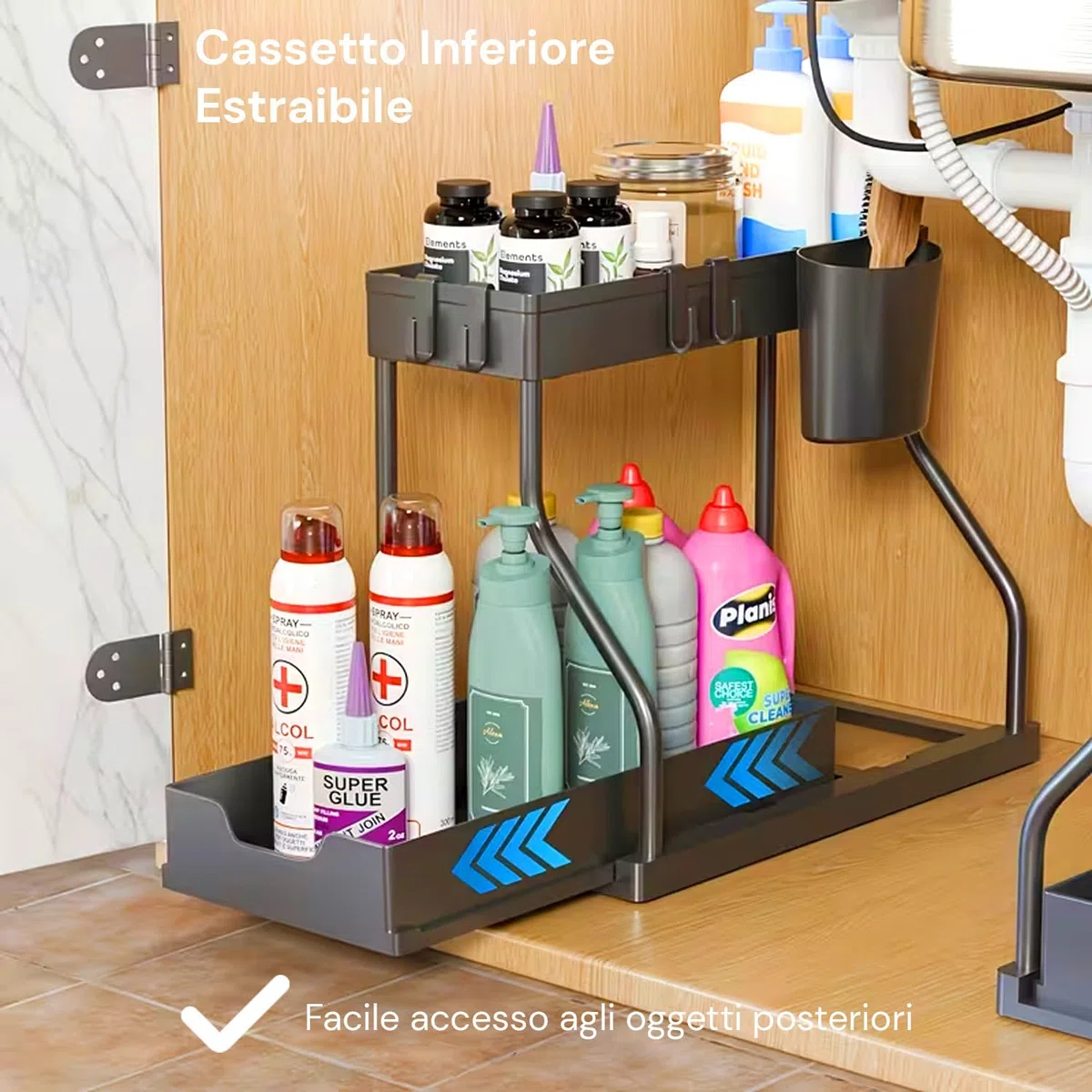 Avilia - Organizer Sottolavello Estraibile a 2 Livelli, Cassetto Scorrevole Salvaspazio con Secchiello Laterale e 4 Ganci, Multiuso Cucina, Bagno e Lavanderia, Scrivania.