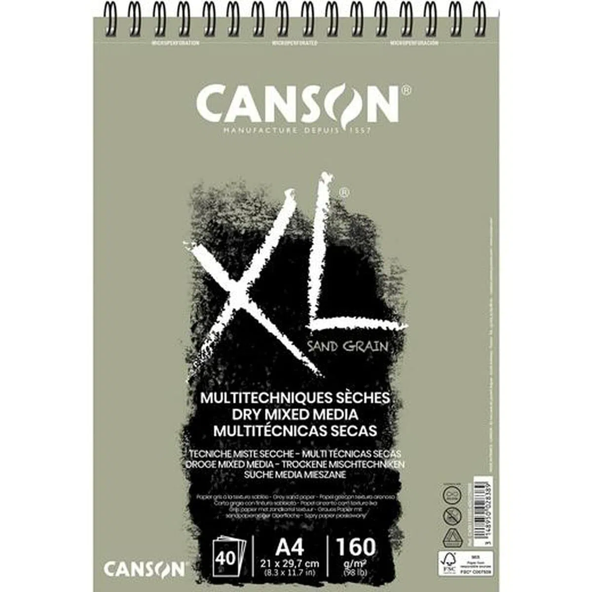 Canson XL Sand Grain, album da disegno carta realizzata con materiali organici rinnovabili,A4, 40 fogli, 160g/m effetto sabbiato grigio
