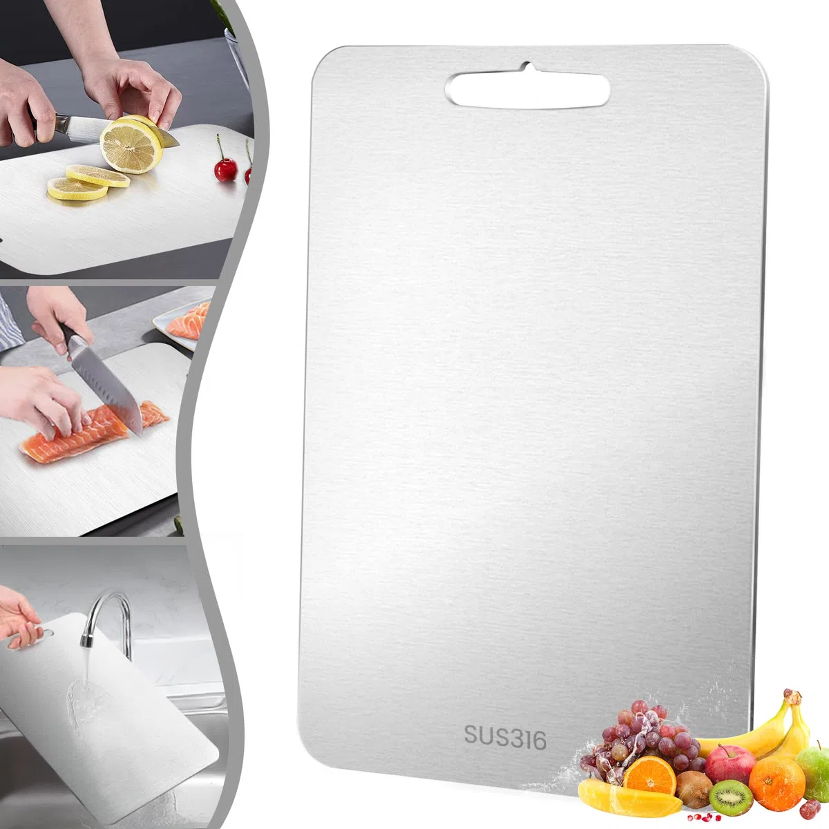 Sprifityy Tagliere in titanio,tagliere in acciaio inossidabile 316 su entrambi i lati, Tagliere In Acciaio Inox Alimentare,senza BPA,per tagliare carne,pane,verdura, frutta (34 x 23 cm)